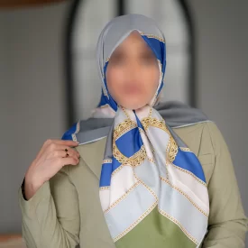 روسری زنانه آبی سبز ابریشم ژاکارد طرح کمربندی وسط ساده
