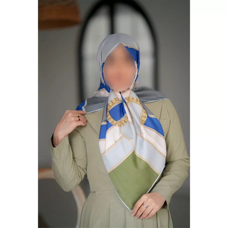 روسری زنانه آبی سبز ابریشم ژاکارد طرح کمربندی وسط ساده