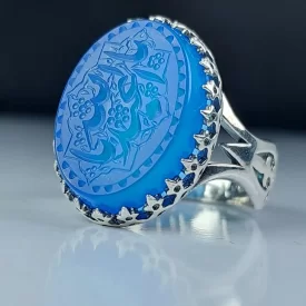 انگشتر عقیق آبی مردانه حکاکی یا اباعبدالله با رکاب آلیاژی باکیفیت کد 3805