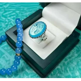 انگشتر عقیق آبی مردانه با حکاکی یا رقیة بنت الحسین (سلام الله علیها)  کد 3824