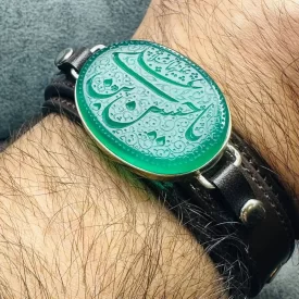 دستبند چرم عقیق سبز حکاکی یا حسین (ع) کد 3902