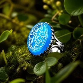 انگشتر آلیاژی عقیق آبی مردانه حکاکی شاه‌بانو یارقیه رکاب نیزه کد 4157