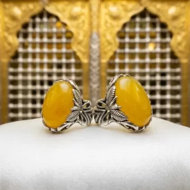 انگشتر عقیق زرد – ست زوجین با رکاب طرح برگ  کد 4221