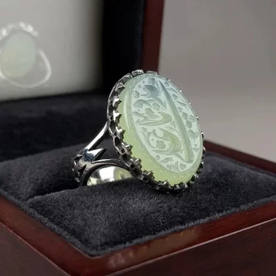  انگشتر آلیاژی عقیق سبز مردانه کاهویی با حکاکی یا علی مدد کد 5069