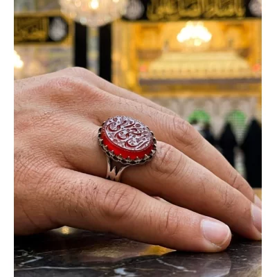 انگشتر آلیاژی باسنگ عقیق قرمز حکاکی ان معی ربی  کد 5487