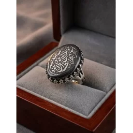 انگشتر آلیاژی باسنگ حدید حکاکی سه جلاله  کد 5681