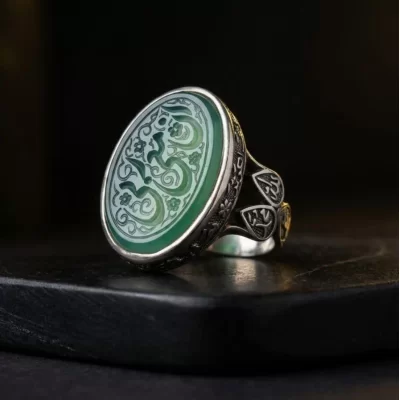 انگشتر آلیاژی باسنگ عقیق سبز حکاکی ان معی ربی  کد 5797