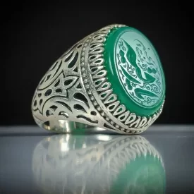 انگشتر نقره باسنگ عقیق سبز حکاکی یارقیه بنت الحسین  کد 5816