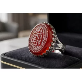 انگشتر آلیاژی باسنگ عقیق قرمز حکاکی یا صاحب الزمان  کد 5911