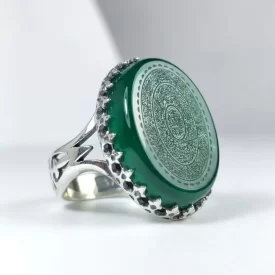 انگشتر آلیاژی باسنگ عقیق سبز حکاکی 16 ذکر  کد 5916