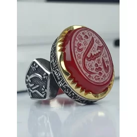 انگشتر آلیاژی باسنگ عقیق قرمز حکاکی یاحسین (ع)  کد 5925