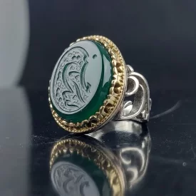 انگشتر آلیاژی باسنگ عقیق سبز حکاکی لبیک یا حسین  کد 5939