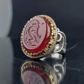انگشتر آلیاژی باسنگ عقیق قرمز حکاکی لبیک یا حسین  کد 5842