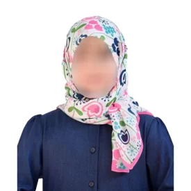 روسری دخترانه سفید صورتی حریر طرح گلشن 
