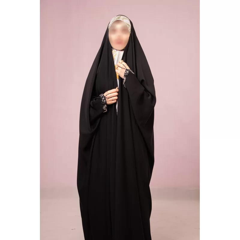 چادر عبایی مشکی جواهردوزی طرح نیم گل ندا قطری
