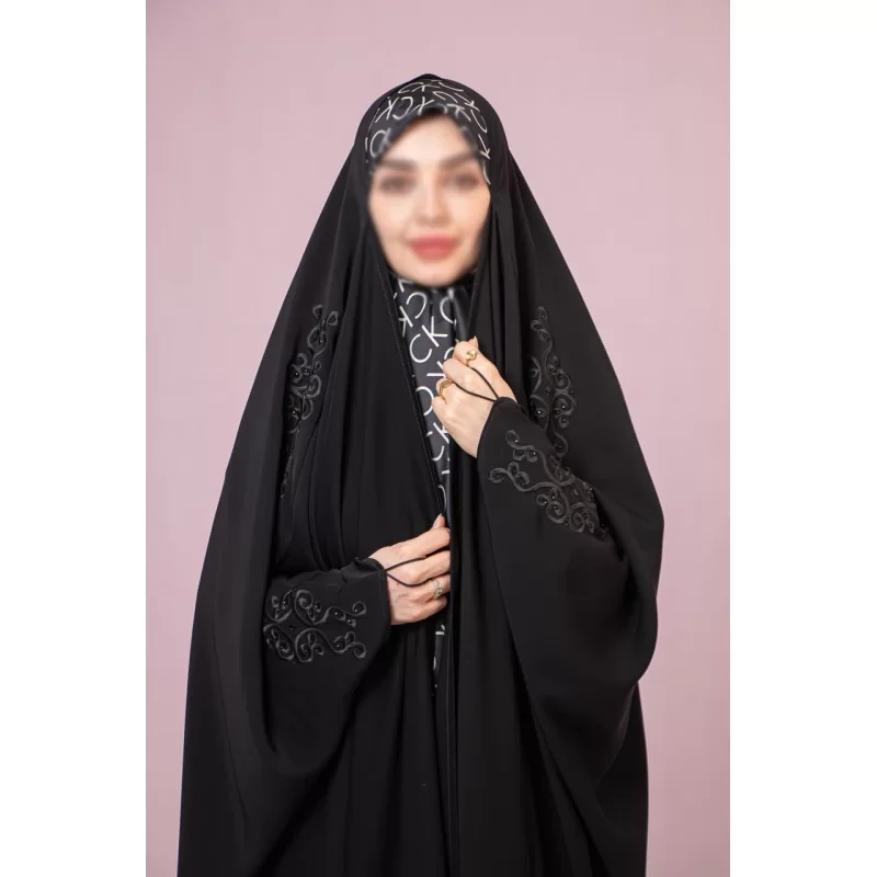چادر عبایی مشکی گلدوزی طرح یاس ندا قطری