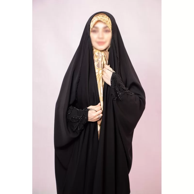 چادر عبایی مشکی جواهردوزی طرح راحیل کرپ حریر الماس