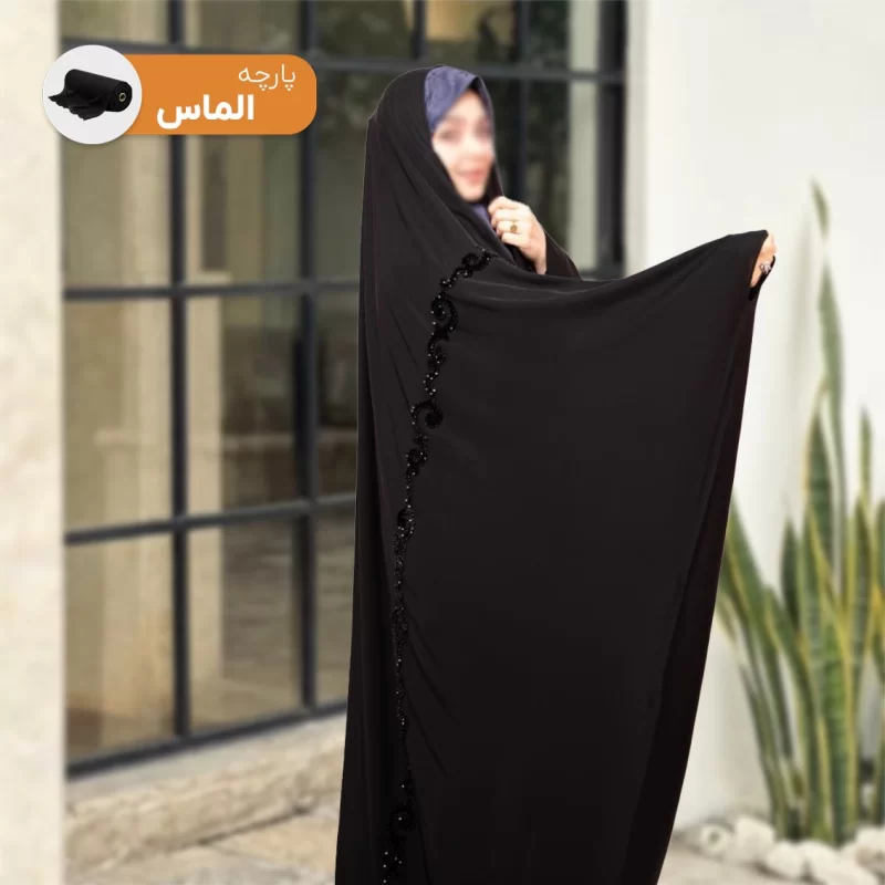 چادر عبایی مشکی جواهردوزی طرح پیچک لاینی کرپ حریر الماس