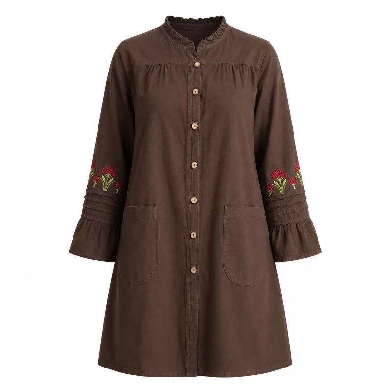 مانتو دانشجویی الیاف طبیعی قهوه ای گلدوزی مدل آیلین
