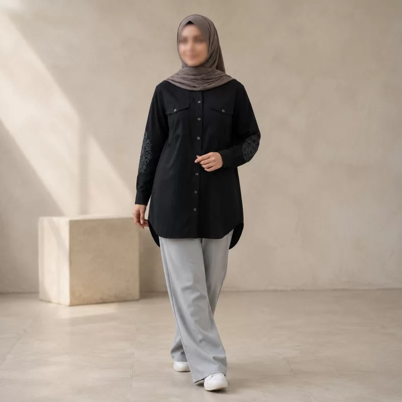 مانتو زنانه کوتاه مشکی گلدوزی الیاف طبیعی مدل چیکا