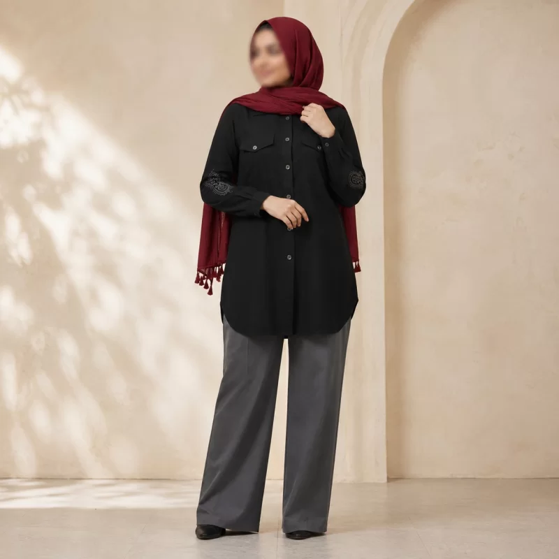 مانتو زنانه کوتاه مشکی گلدوزی الیاف طبیعی مدل چیکا