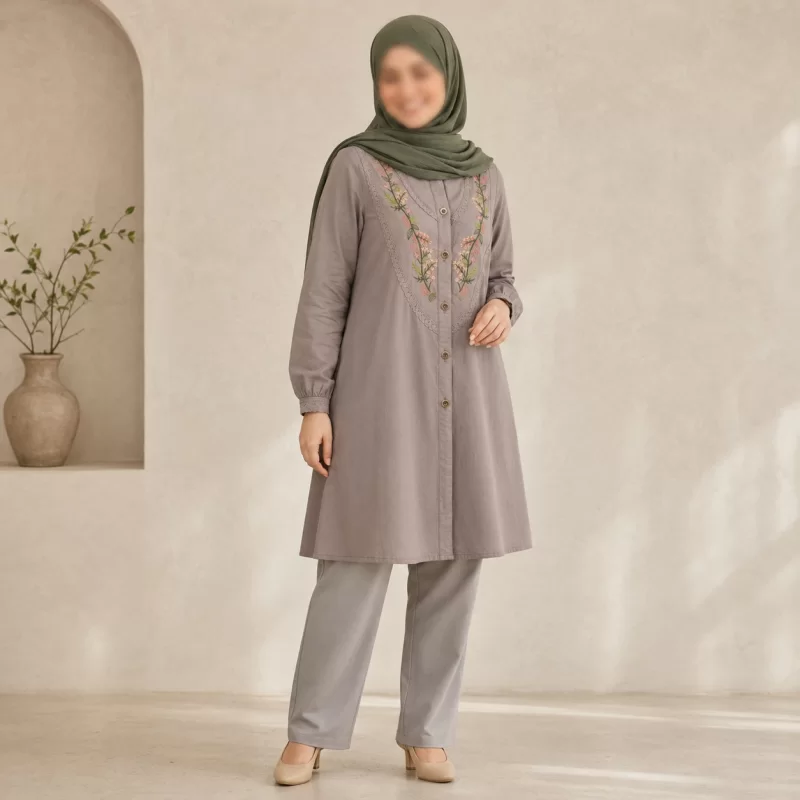 مانتو الیاف طبیعی سبز گلدوزی اسپرت دانشجویی مدل دیبا