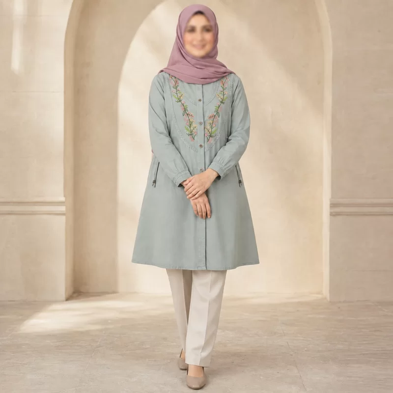 مانتو الیاف طبیعی سبز گلدوزی اسپرت دانشجویی مدل دیبا