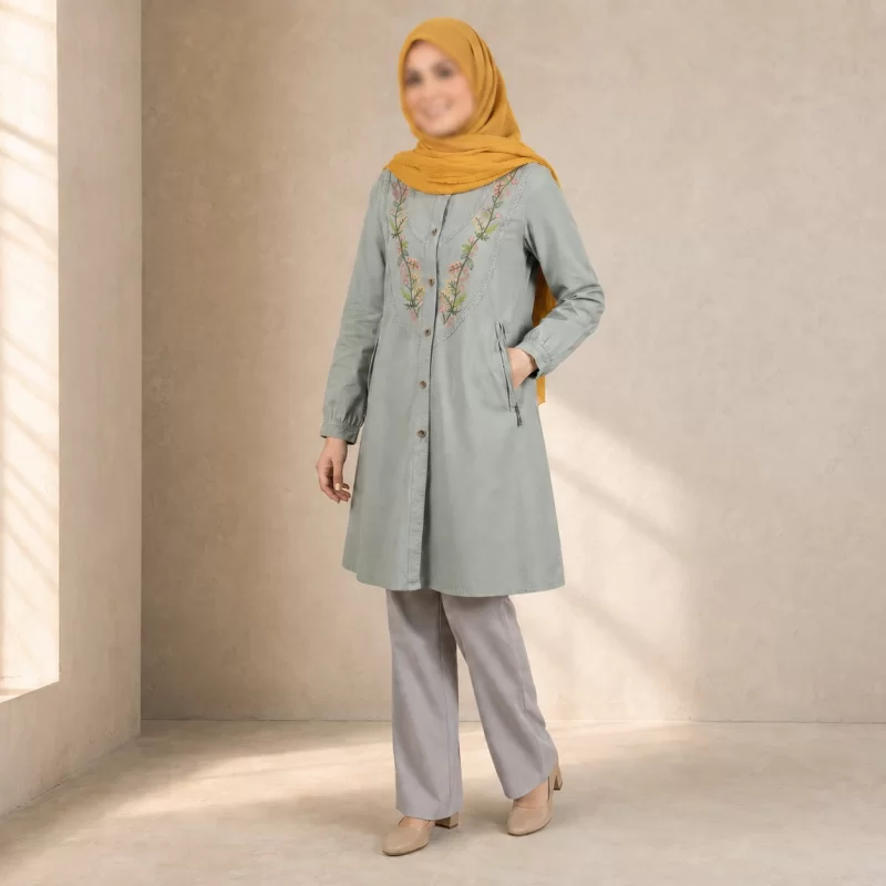 مانتو الیاف طبیعی سبز گلدوزی اسپرت دانشجویی مدل دیبا