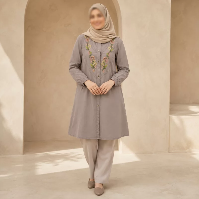 مانتو الیاف طبیعی سبز گلدوزی اسپرت دانشجویی مدل دیبا