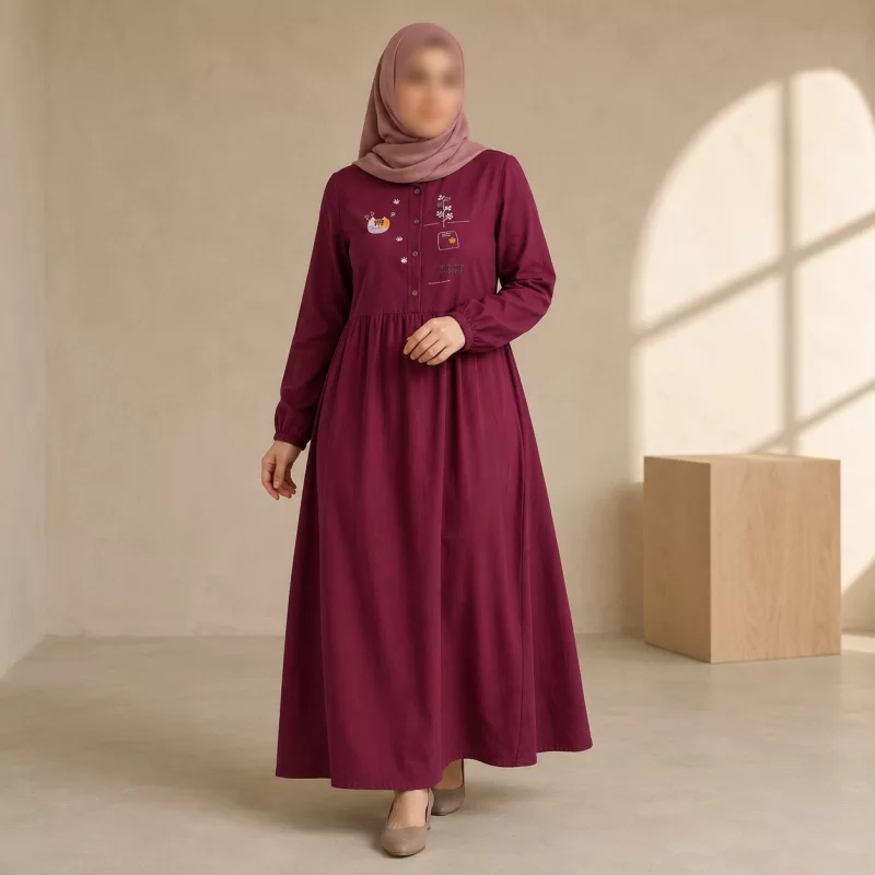 مانتو پیراهنی زنانه بلند بادمجانی مدل ساحلی کفتان پریوش