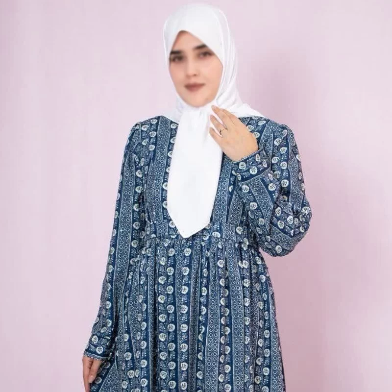 پیراهن زنانه آبی طرح گلریز سفید