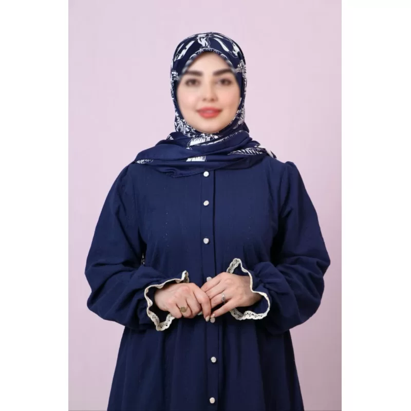 پیراهن زنانه سرمه ای طرح آراسته خامه دوزی شده