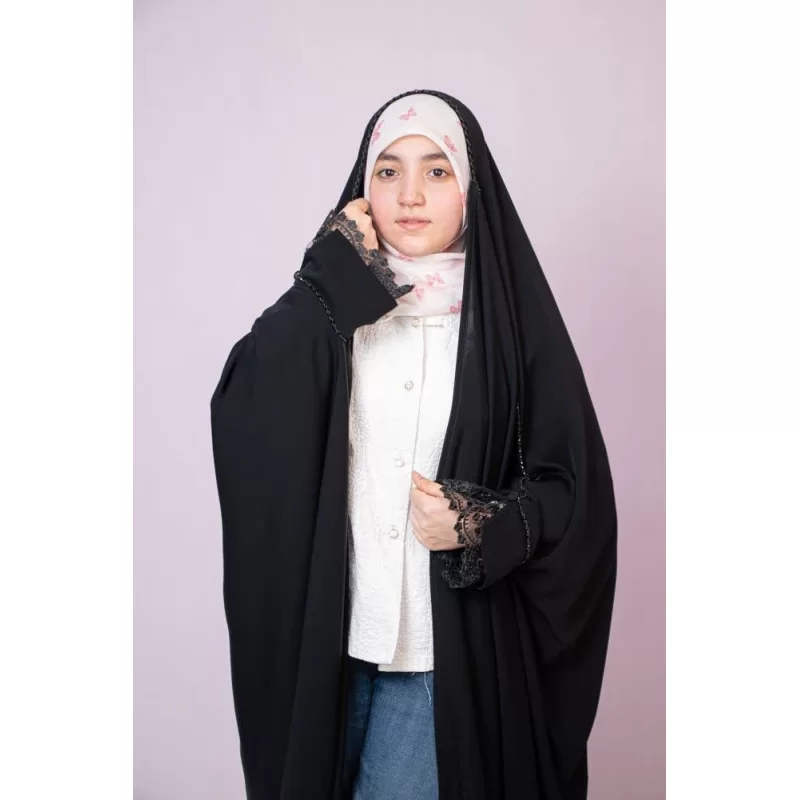 چادر عربی دخترانه مشکی طرح رستا جواهر ساقه طنابی کرپ ایرانی