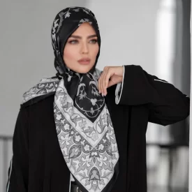 روسری ابریشم ژاکارد طرح شهرزاد مشکی نقره ای