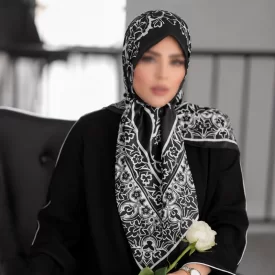 روسری ابریشم ژاکارد شهرزاد مشکی سفید