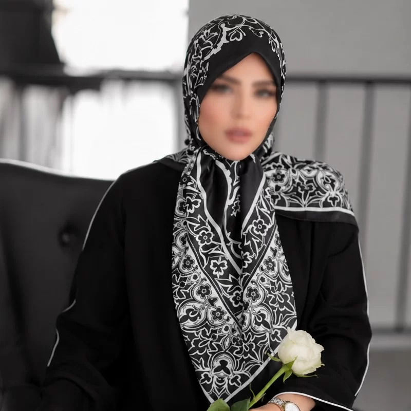 روسری ابریشم ژاکارد شهرزاد مشکی سفید