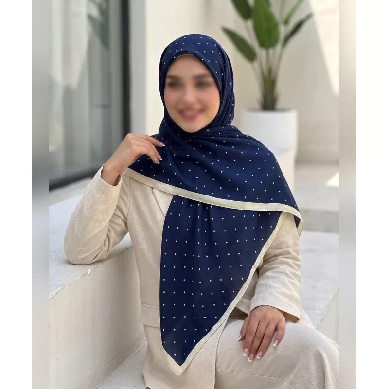 روسری نخی طرح خالخالی آبی نفتی قواره 140