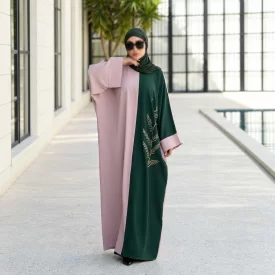 مانتو عبایی گندم سبز و گلبهی