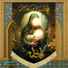 کتیبه مخمل نقاشی ولادت حضرت فاطمه در آغوش پیامبر(ص)