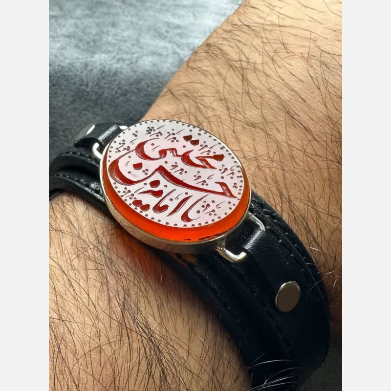 دستبند چرم مردانه مدل عقیق قاب نقره کد 4805