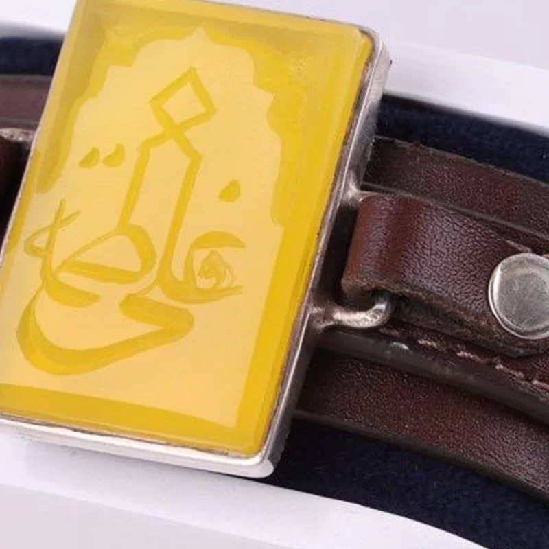 دستبند چرم مردانه مدل عقیق نقش علی فاطمه قاب نقره کد 5266