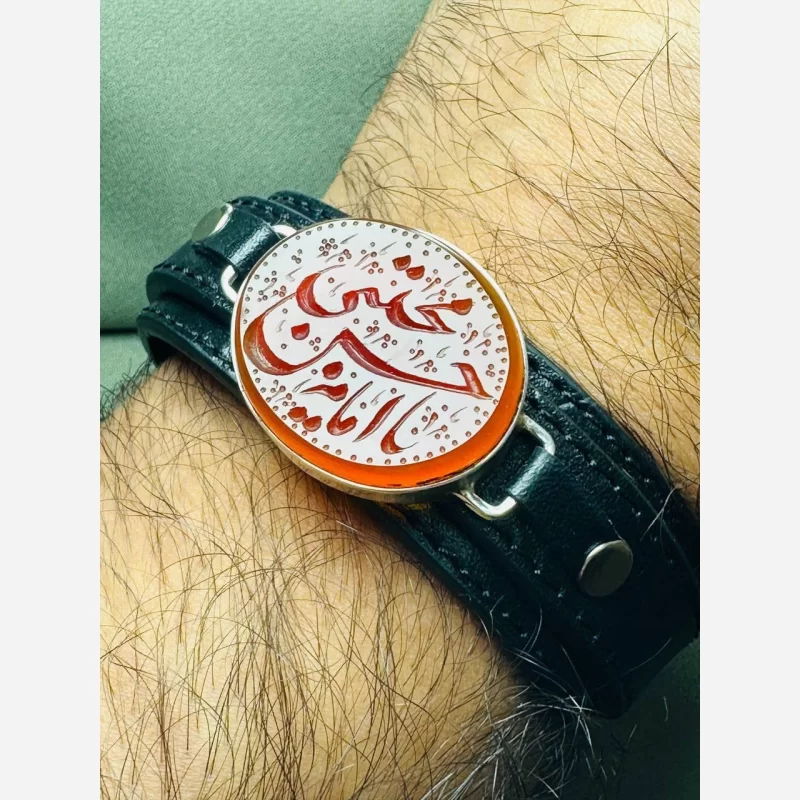دستبند چرم مردانه مدل عقیق قاب نقره کد 4805