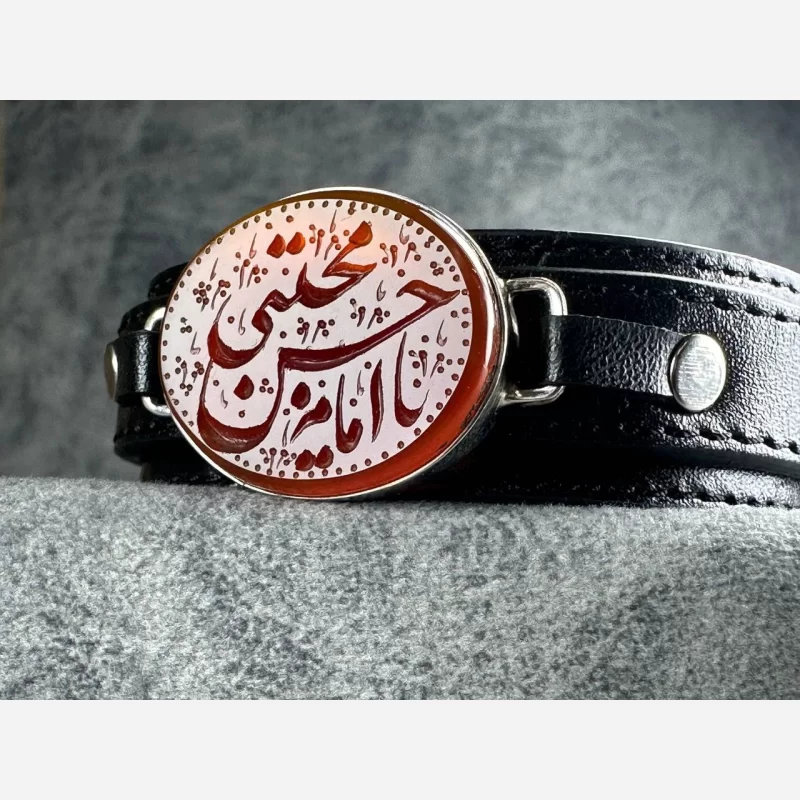 دستبند چرم مردانه مدل عقیق قاب نقره کد 4805