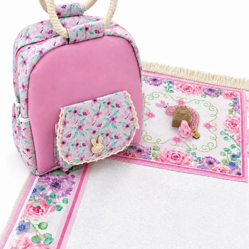 ست جشن تکلیف دخترانه باغ بهشتی سجاده جانماز مخمل و کیف مخمل و چرم خرگوشی