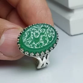 انگشتر یا حیدر با نگین عقیق سبز و پایه نقره کد 7425