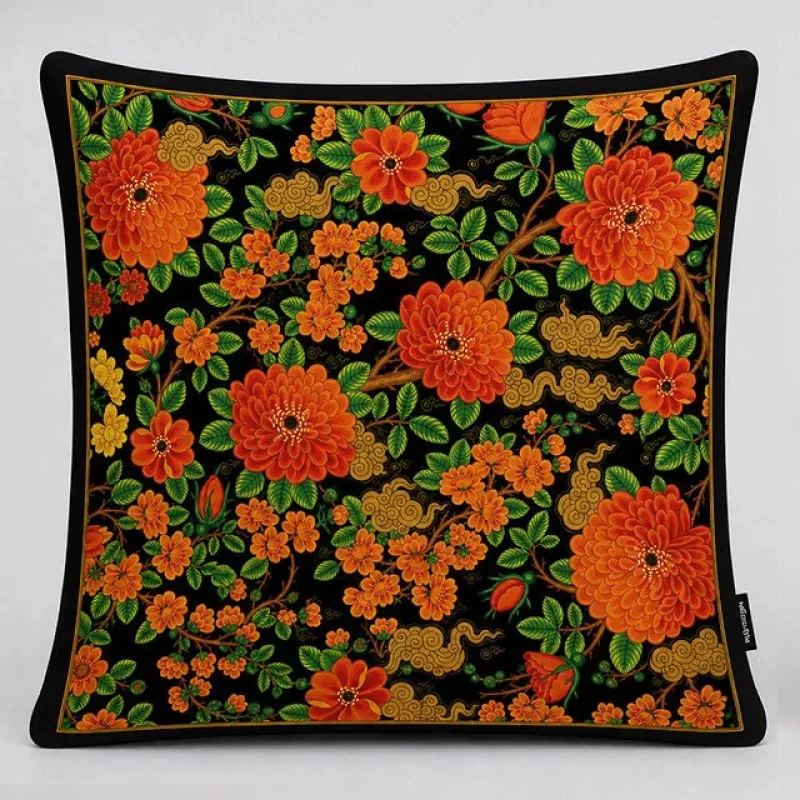 کوسن مخمل گل و مرغ - مشکی 44×44