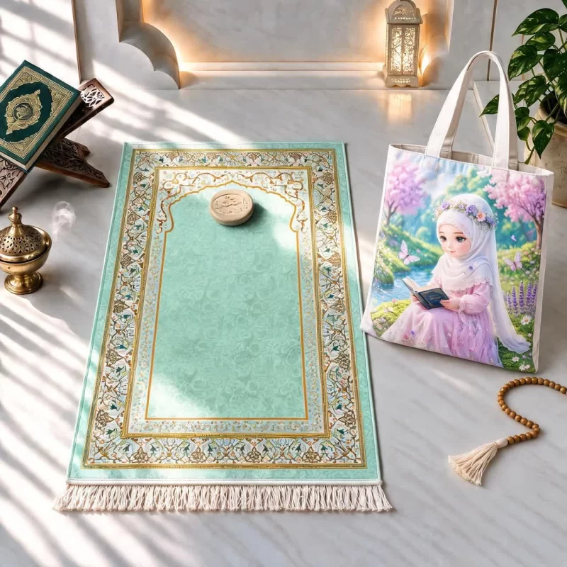 ست کیف و سجاده مخمل جشن تکلیف نوجوان سبز پاستیلی