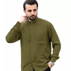 پیراهن مردانه تترون طرح دیپلمات دویقه دکمه مخفی رنگ سبز زیتونی