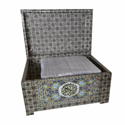  قرآن حزبی جعبه چوبی تمام رنگی سلفون شده همراه با وقف نامه اموات