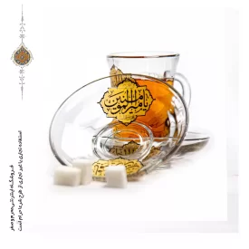 پک استکان کمر باریک دسته دار و نعلبکی بلور با ذکر السلام علیک یا امیرالمومنین